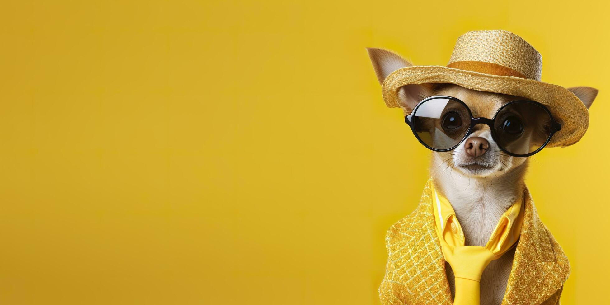 cool suchen Chihuahua Hund tragen funky Mode Kleid. Raum zum Text richtig Seite. generativ ai foto