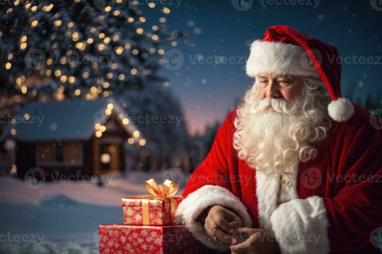 ai generativ Santa claus genießt Sein mit Kinder auf das gesegnet Weihnachten Vorabend foto