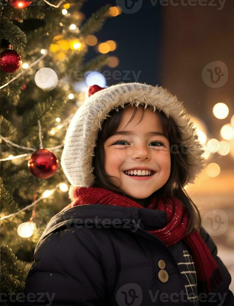 ai generativ, süß Kind im Santa claus Kostüm auf verschwommen schneebedeckt Weihnachten Vorabend Hintergrund foto