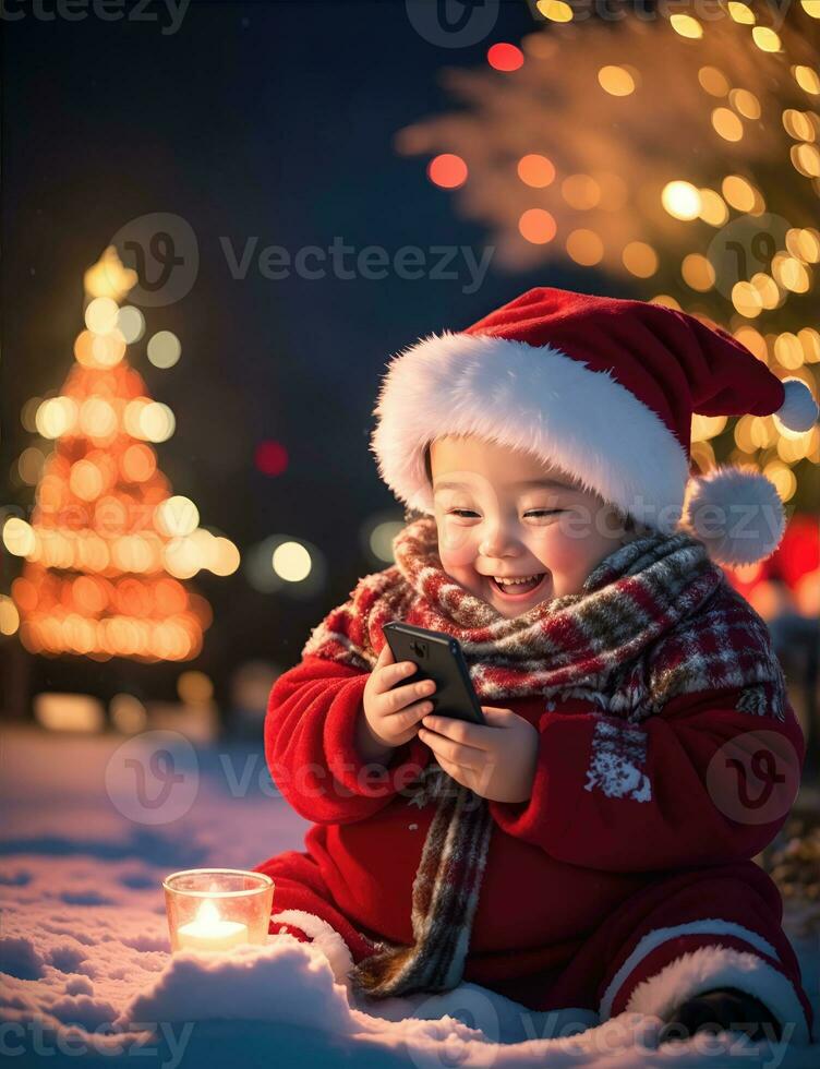 ai generativ, süß Kind im Santa claus Kostüm auf verschwommen schneebedeckt Weihnachten Vorabend Hintergrund foto