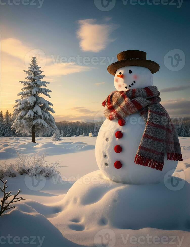 ai generativ, Weihnachten Winter mit Schneemann auf ein Landschaft Hintergrund foto