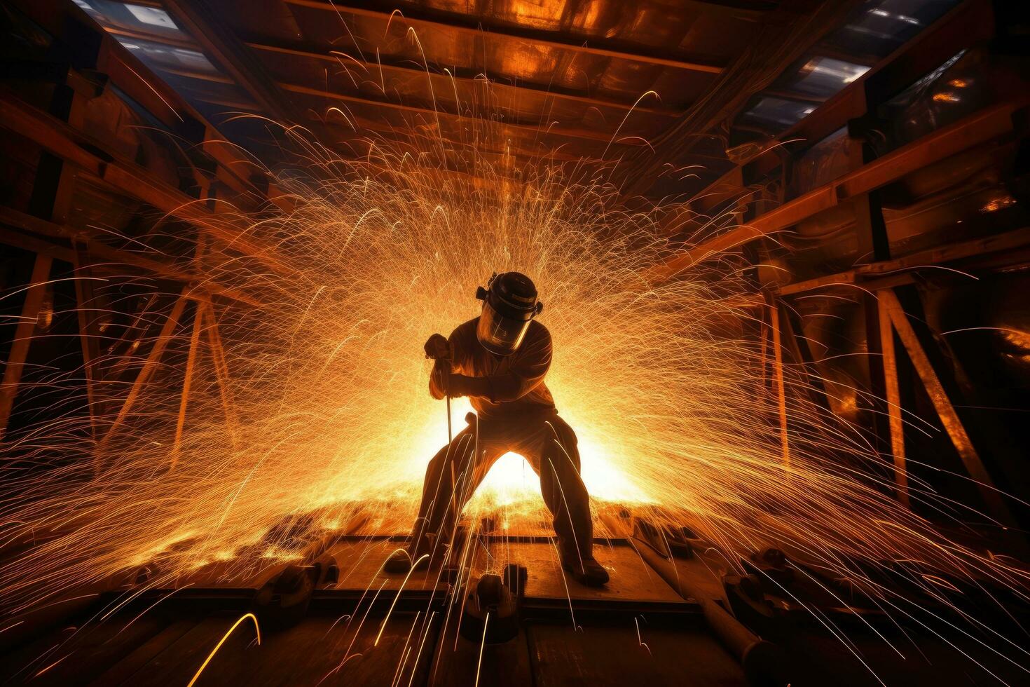 industriell Schweißer Arbeiten im ein metallurgisch Anlage, Funken Fliege, eingeben das fesselnd Welt von Schweißen Flammen Fotografie, ai generiert foto