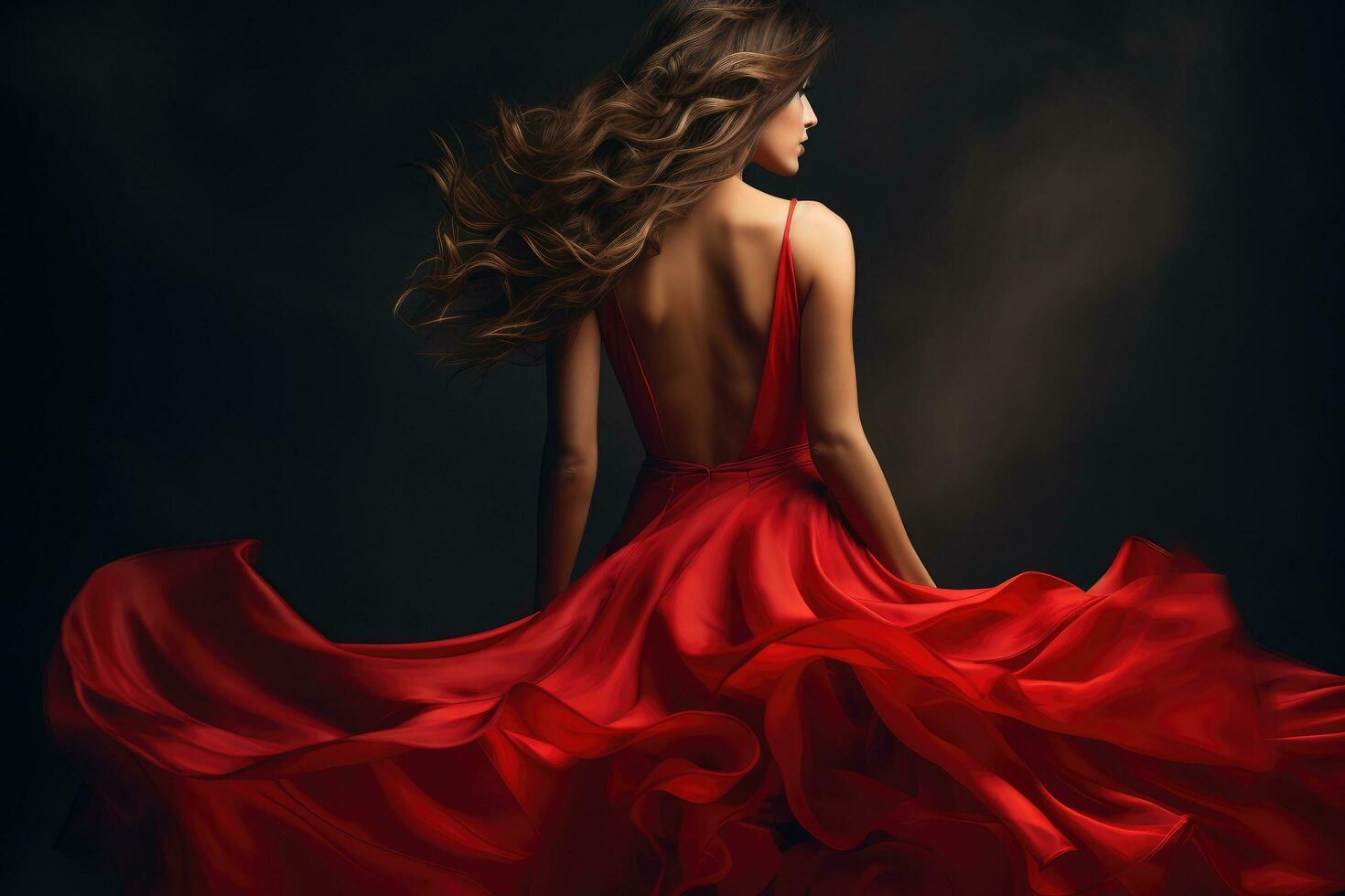 schön Frau im rot Kleid auf dunkel Hintergrund. zurück Sicht, Mode Frau im rot flattern Kleid zurück Seite Rückseite Sicht, ai generiert foto