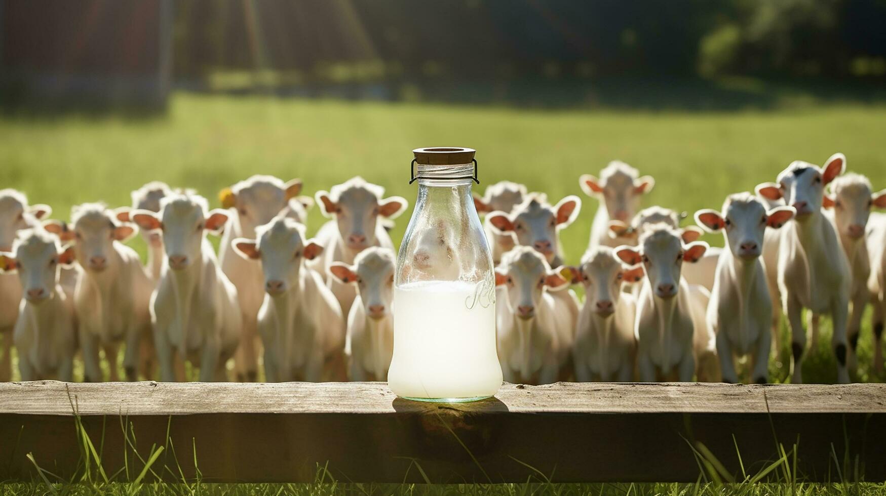 Ziege Milch. Ziege und Glas Glas mit frisch organisch Milch auf ein hölzern Tisch, natürlich Hintergrund. Vorlage zum Design foto