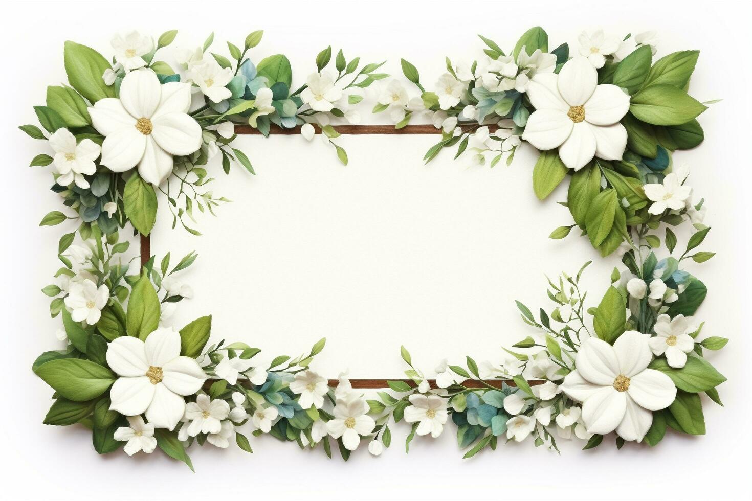 ein Illustration von ein Blumen- Rahmen mit Weiß Blumen und Grün Blätter auf Weiß Hintergrund, generativ ai foto