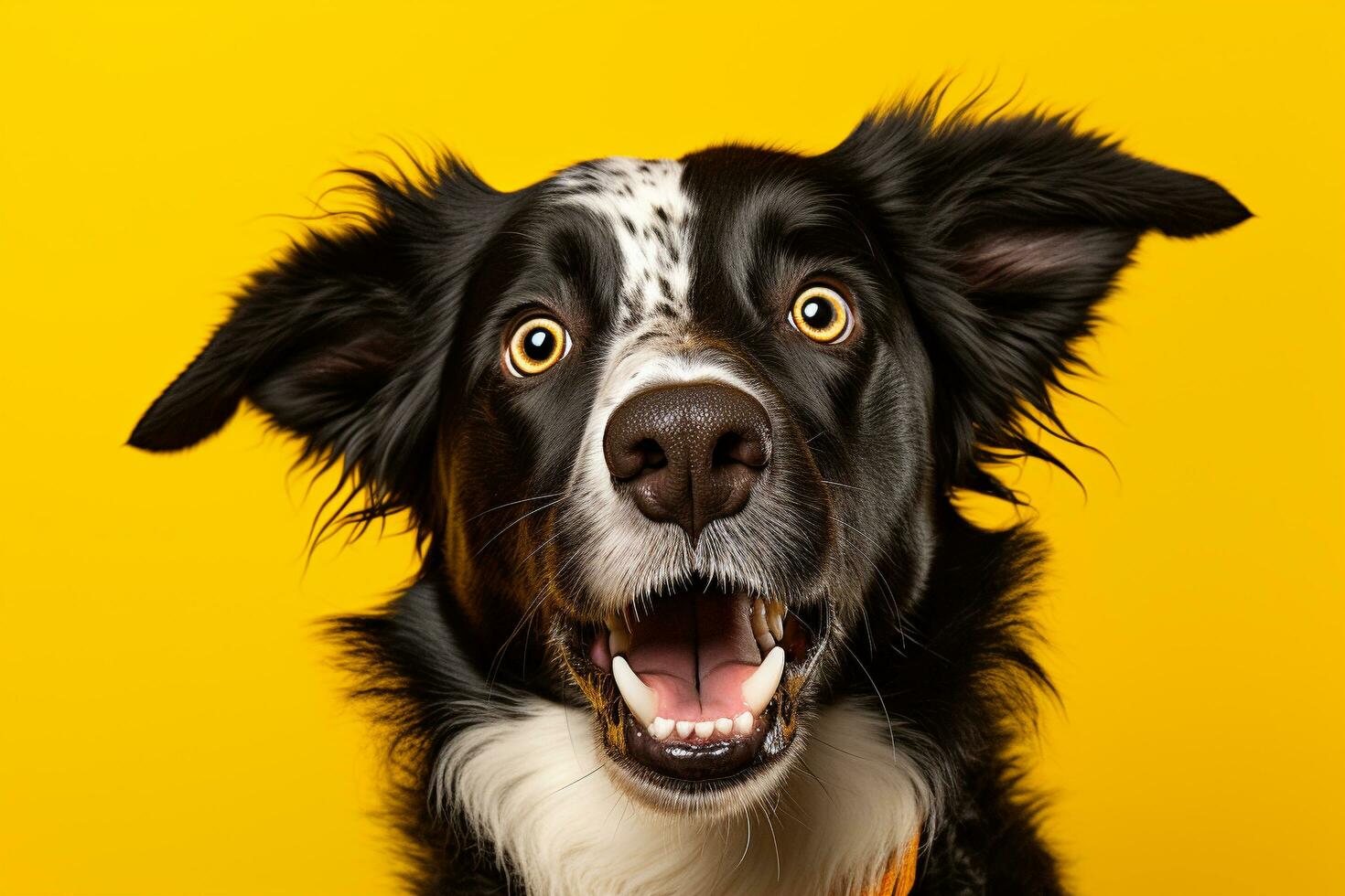 ein Hund mit ein schockierend Gesicht im Vorderseite von ein Gelb Hintergrund, ein Hund mit es ist Mund offen, generativ ai foto