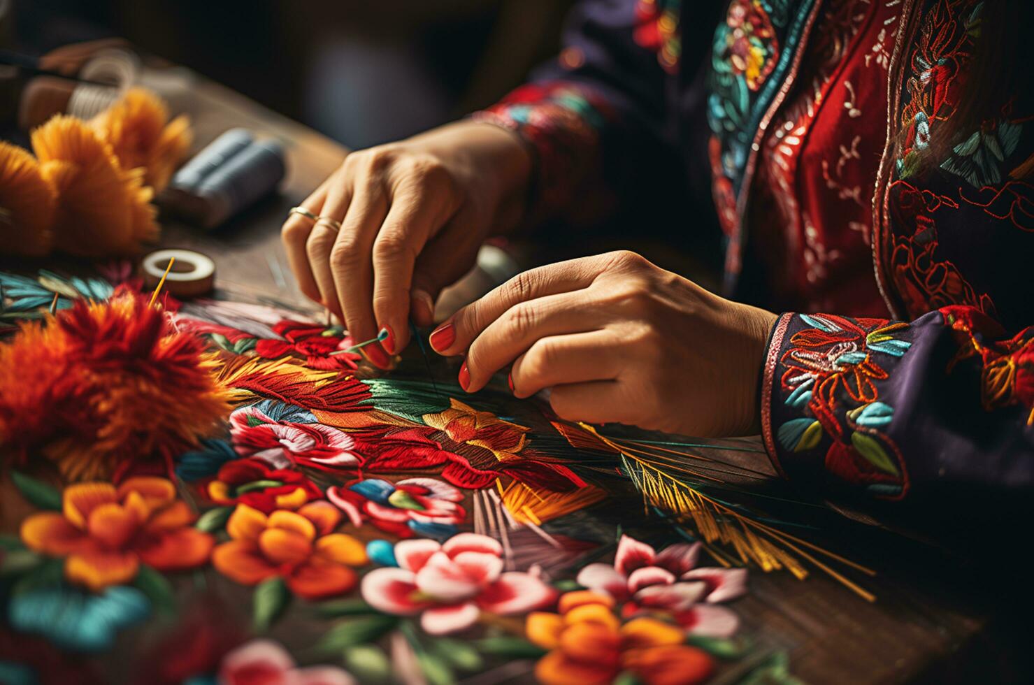 traditionell Stickerei, ein Foto von ein geschickt und bunt Kunst