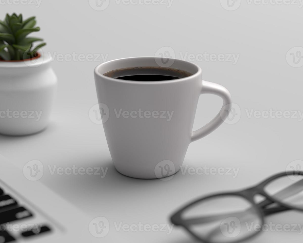 weißes Kaffeebechermodell auf dem Arbeitsplatz foto