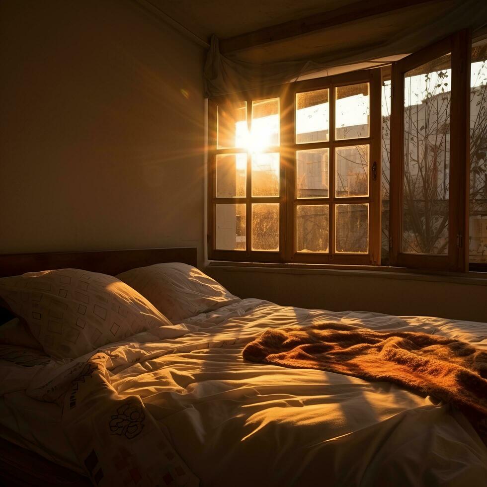 ai generiert schön Reflexionen von befleckt Glas Fenster im ein Schlafzimmer wie das Morgen Licht scheint durch ai generiert foto