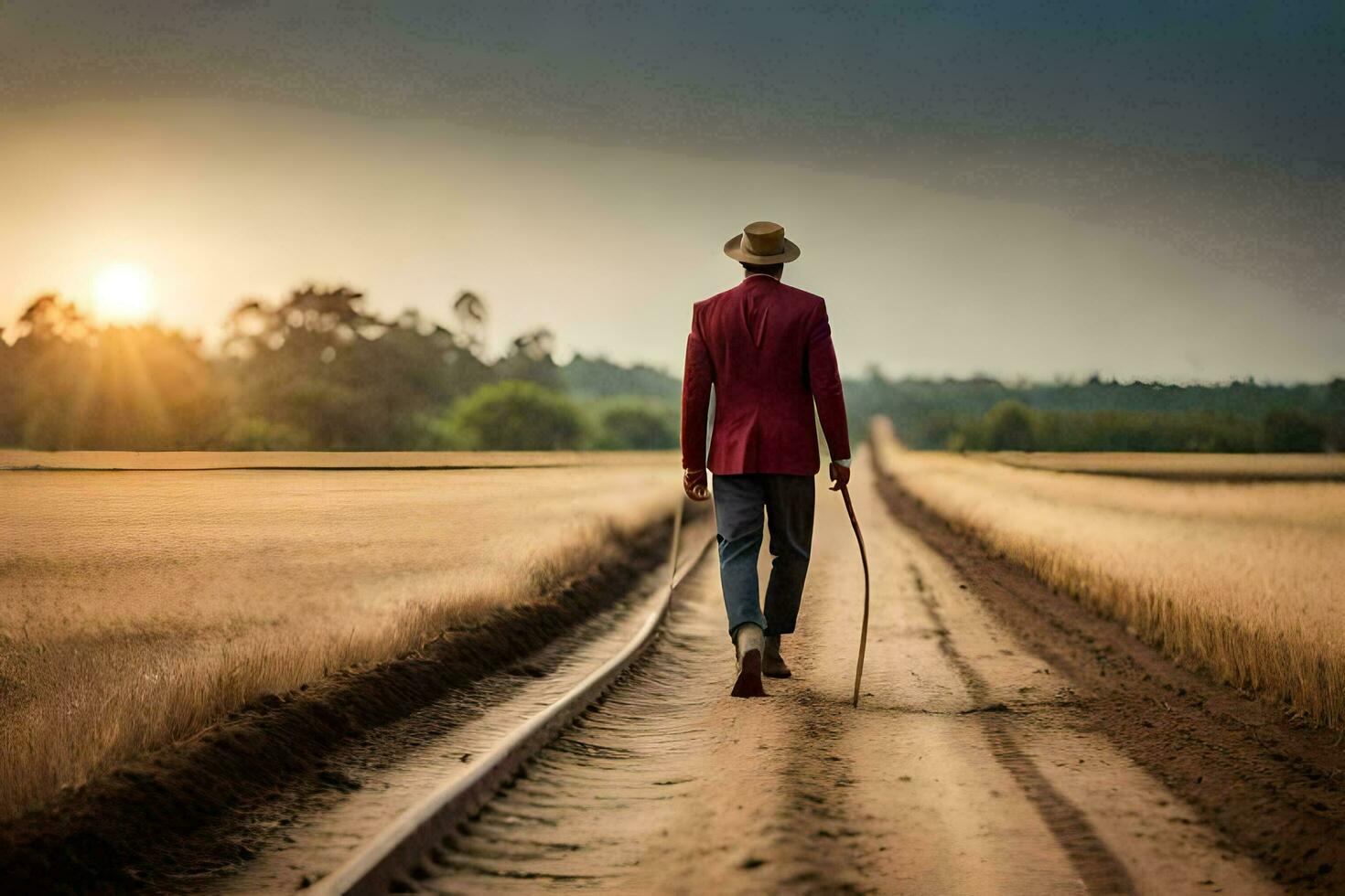 ein Mann im ein rot passen Spaziergänge Nieder ein Schmutz Straße. KI-generiert foto