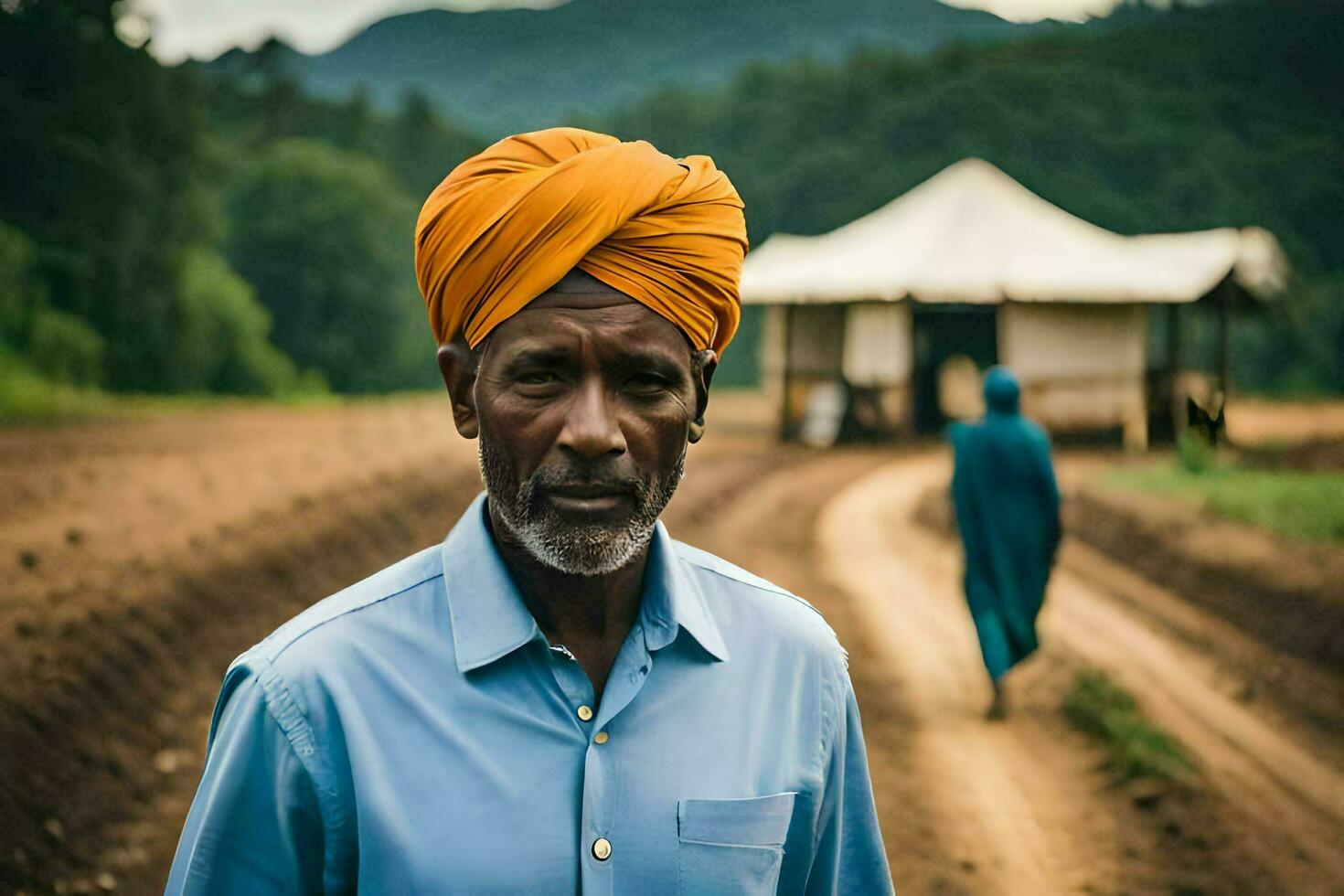 ein Mann im ein Turban steht im das Schmutz Straße. KI-generiert foto