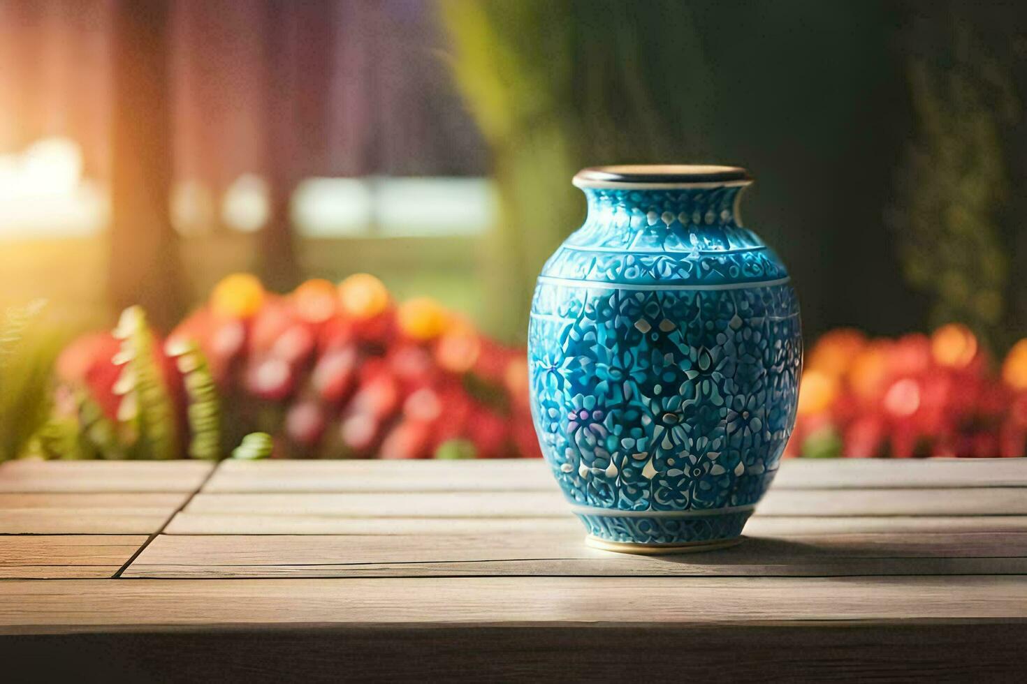 ein Blau Vase Sitzung auf ein hölzern Tabelle im Vorderseite von ein Garten. KI-generiert foto