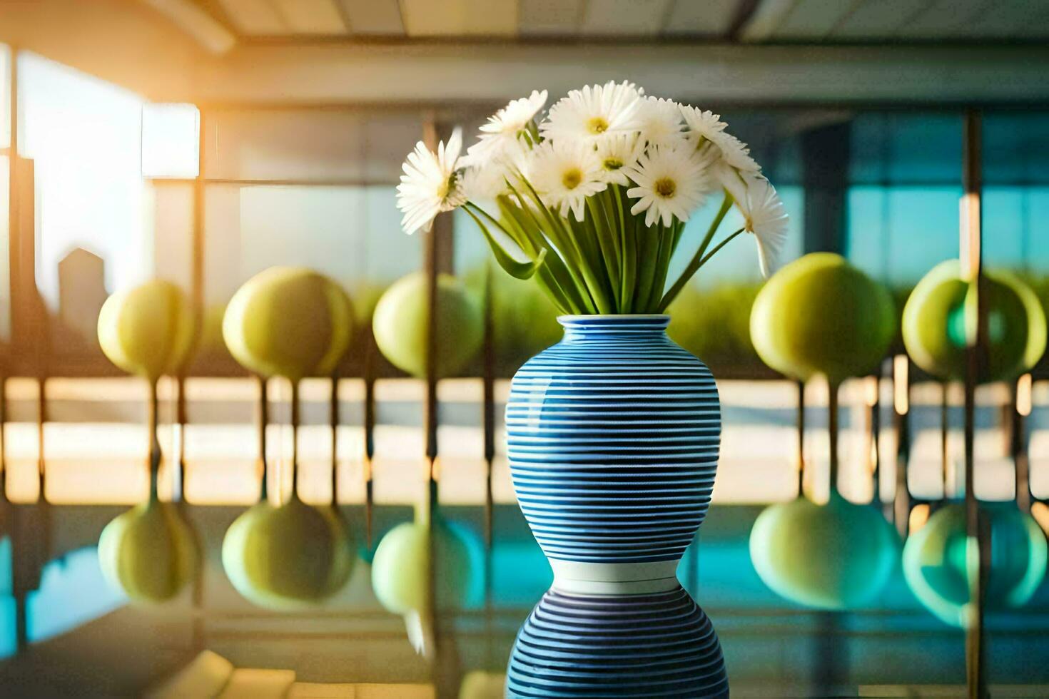 ein Vase mit Blumen Sitzung auf ein Tabelle im Vorderseite von ein Schwimmbad. KI-generiert foto
