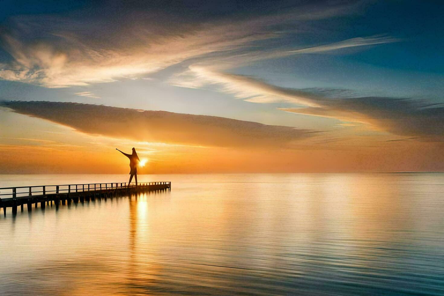 ein Mann Stehen auf ein Seebrücke beim Sonnenuntergang. KI-generiert foto