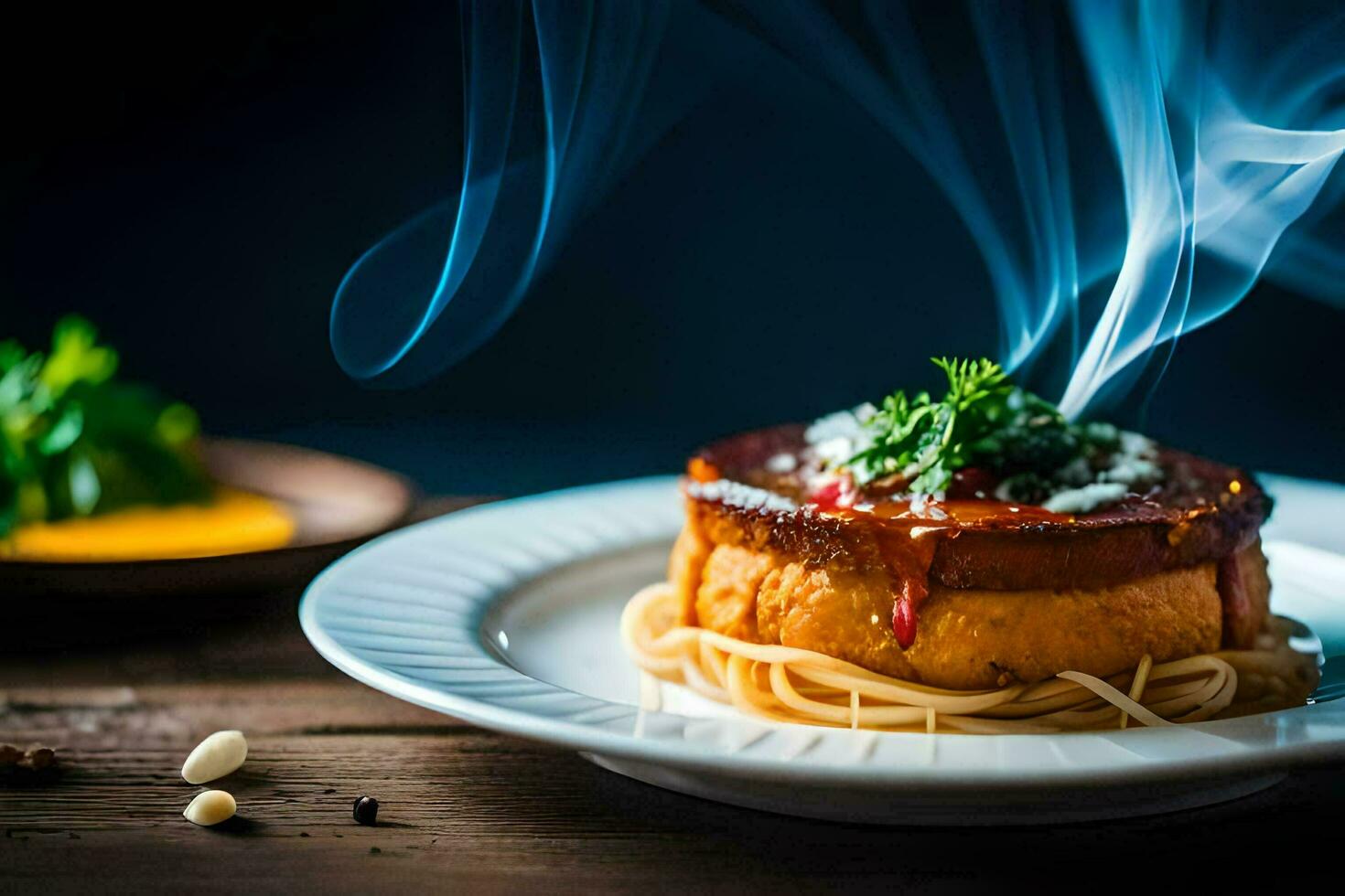 ein Teller mit Spaghetti und Fleisch auf oben. KI-generiert foto