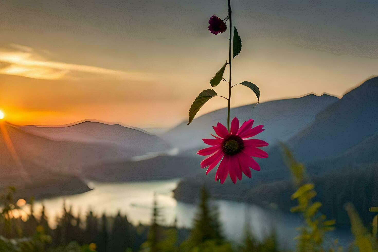 ein Rosa Blume ist hängend von ein Ast im Vorderseite von ein Berg. KI-generiert foto