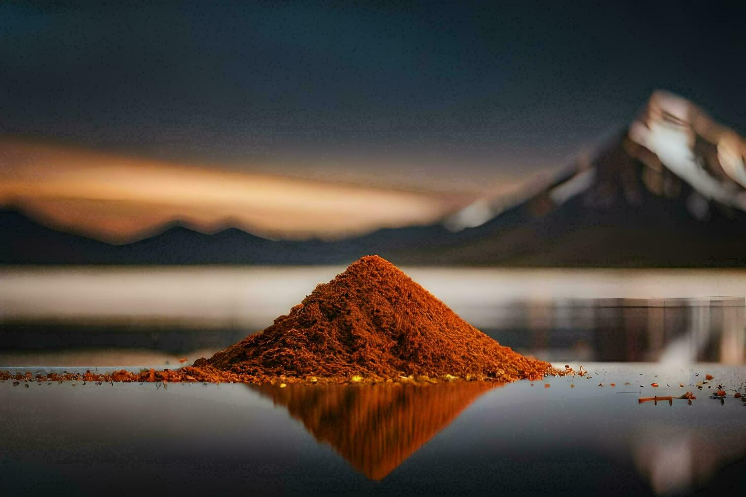ein Stapel von rot Pulver Sitzung auf das Wasser mit Berge im das Hintergrund. KI-generiert foto