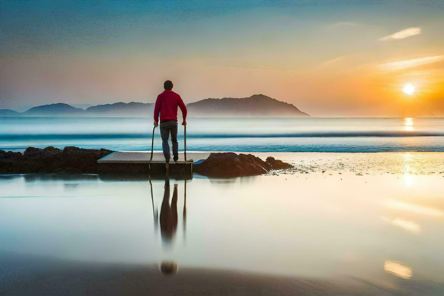 ein Mann Stehen auf ein Dock beim Sonnenuntergang. KI-generiert foto