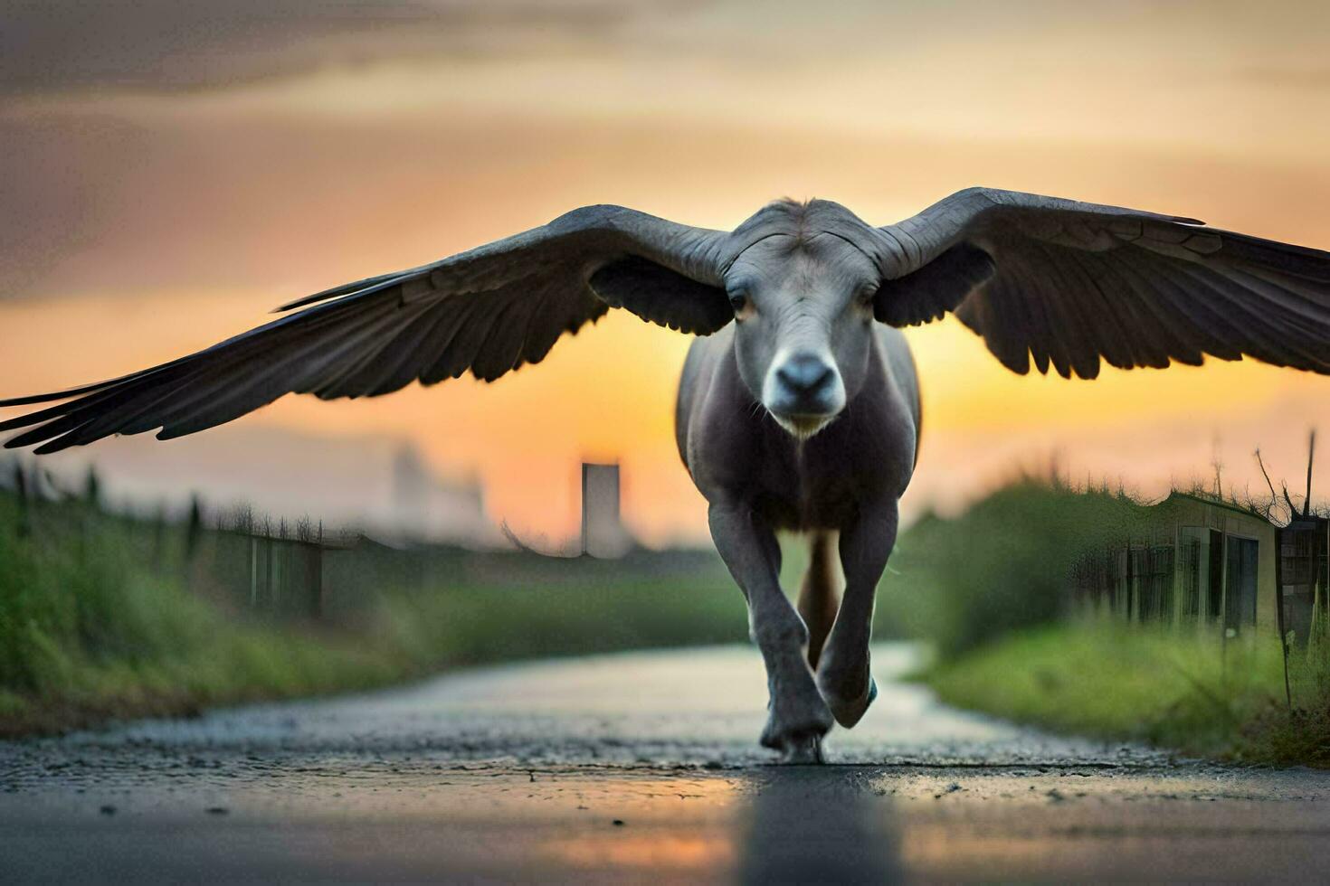 ein Pferd mit Flügel Verbreitung aus auf das Straße. KI-generiert foto