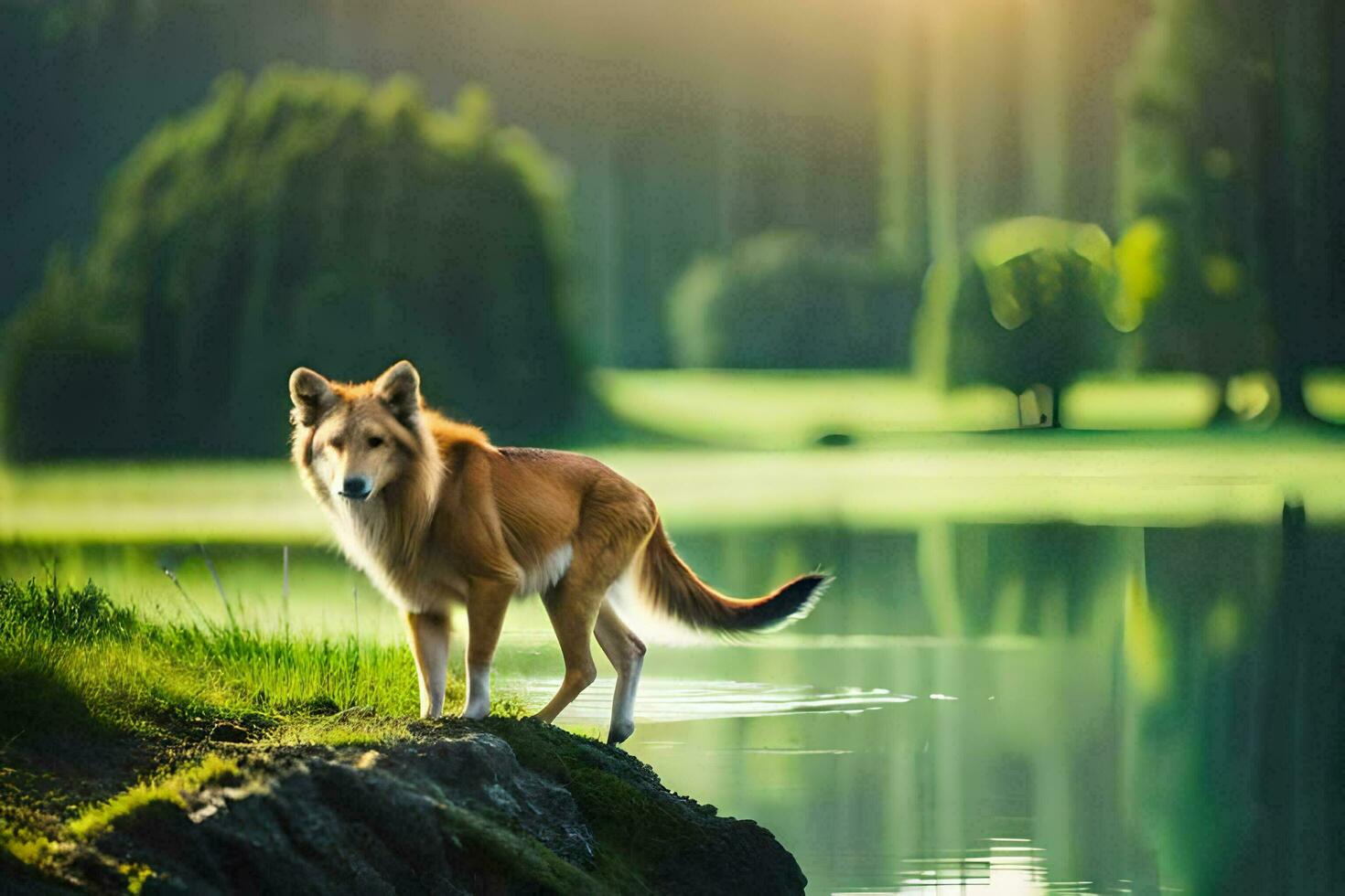 Foto Hintergrund das Hund, Natur, Wasser, Gras, See, Wald, Sonnenuntergang, Hund,. KI-generiert