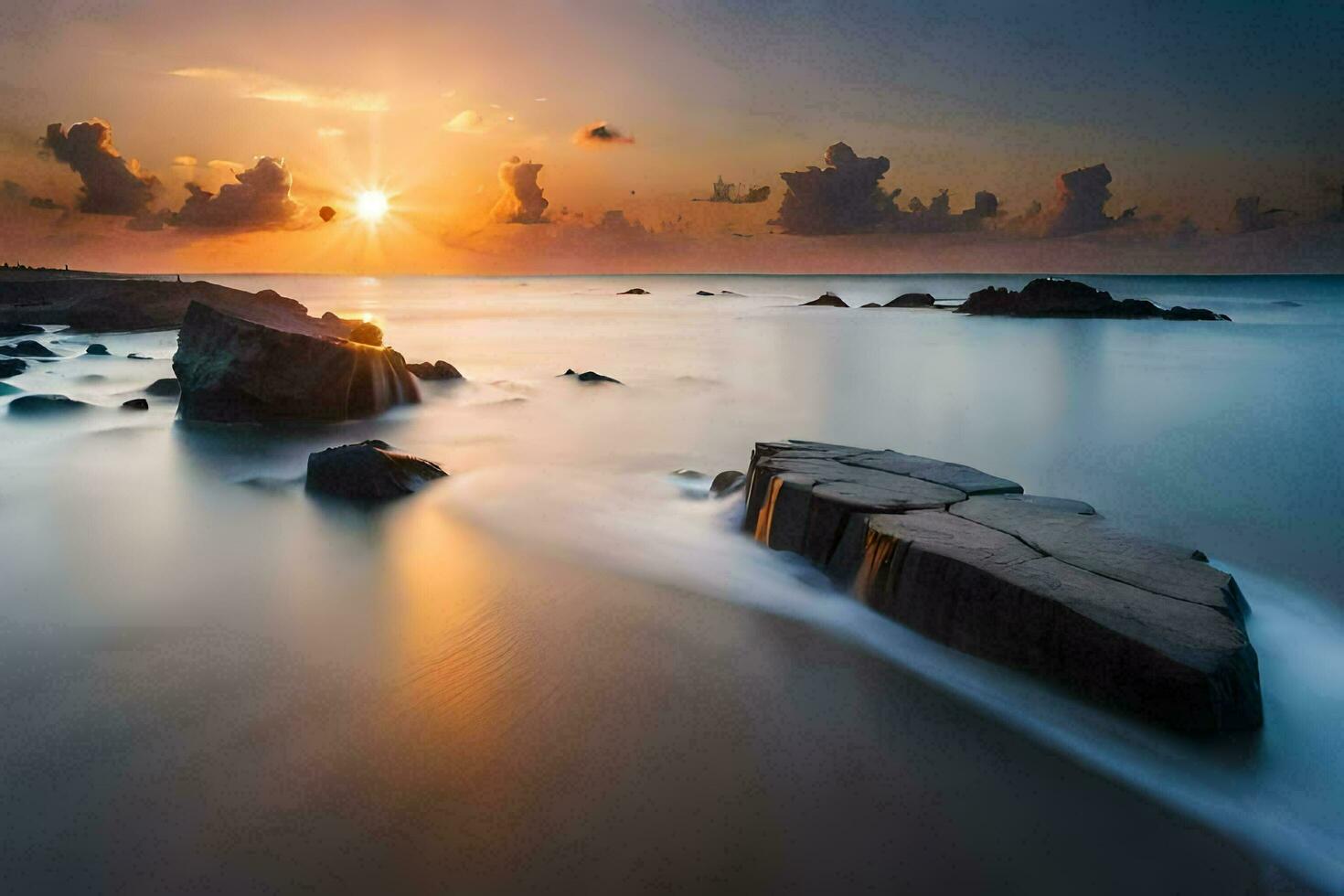 das Sonne steigt an Über das Ozean im diese lange Exposition Foto. KI-generiert foto