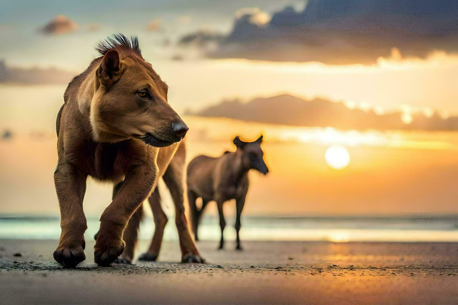 zwei Pferde Gehen auf das Strand beim Sonnenuntergang. KI-generiert foto