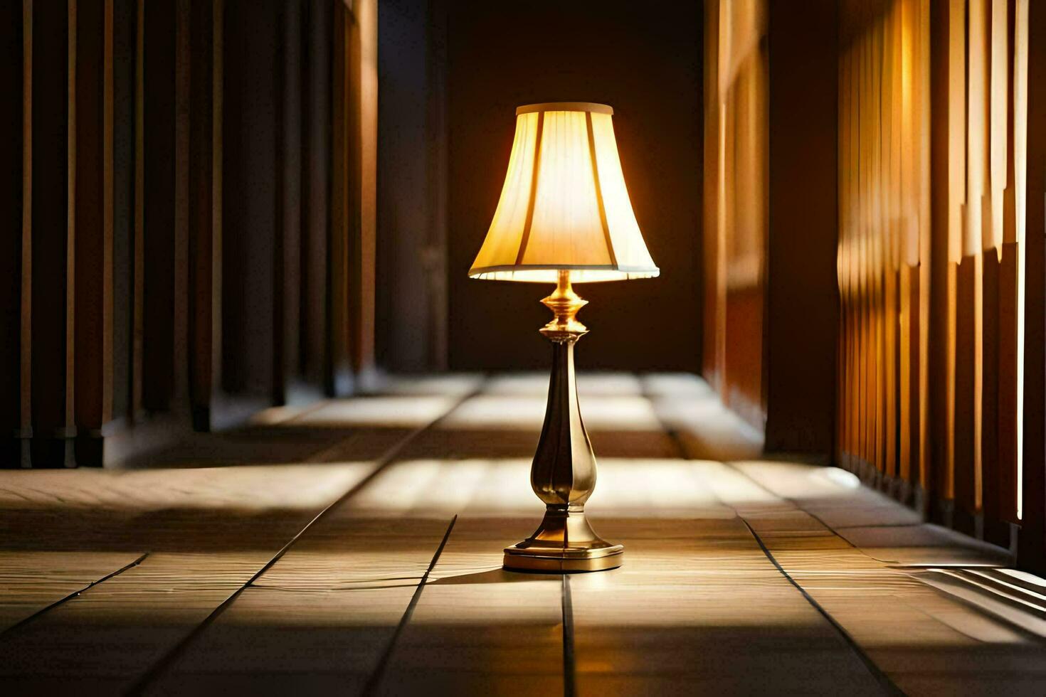 ein Lampe Sitzung auf ein hölzern Fußboden im ein Flur. KI-generiert foto