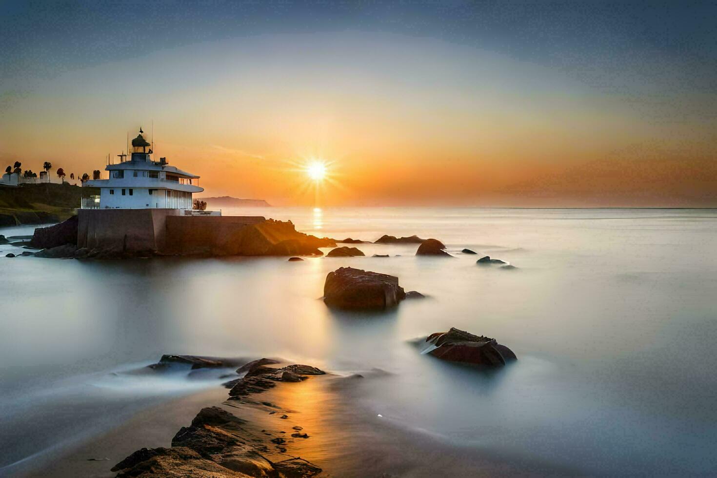 ein Leuchtturm sitzt auf das Ufer von ein Körper von Wasser. KI-generiert foto