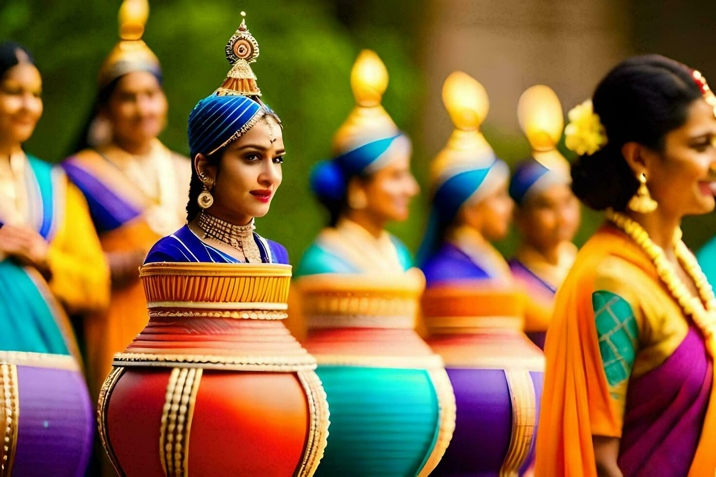 Frauen im bunt Saris Stehen im Vorderseite von Töpfe. KI-generiert foto