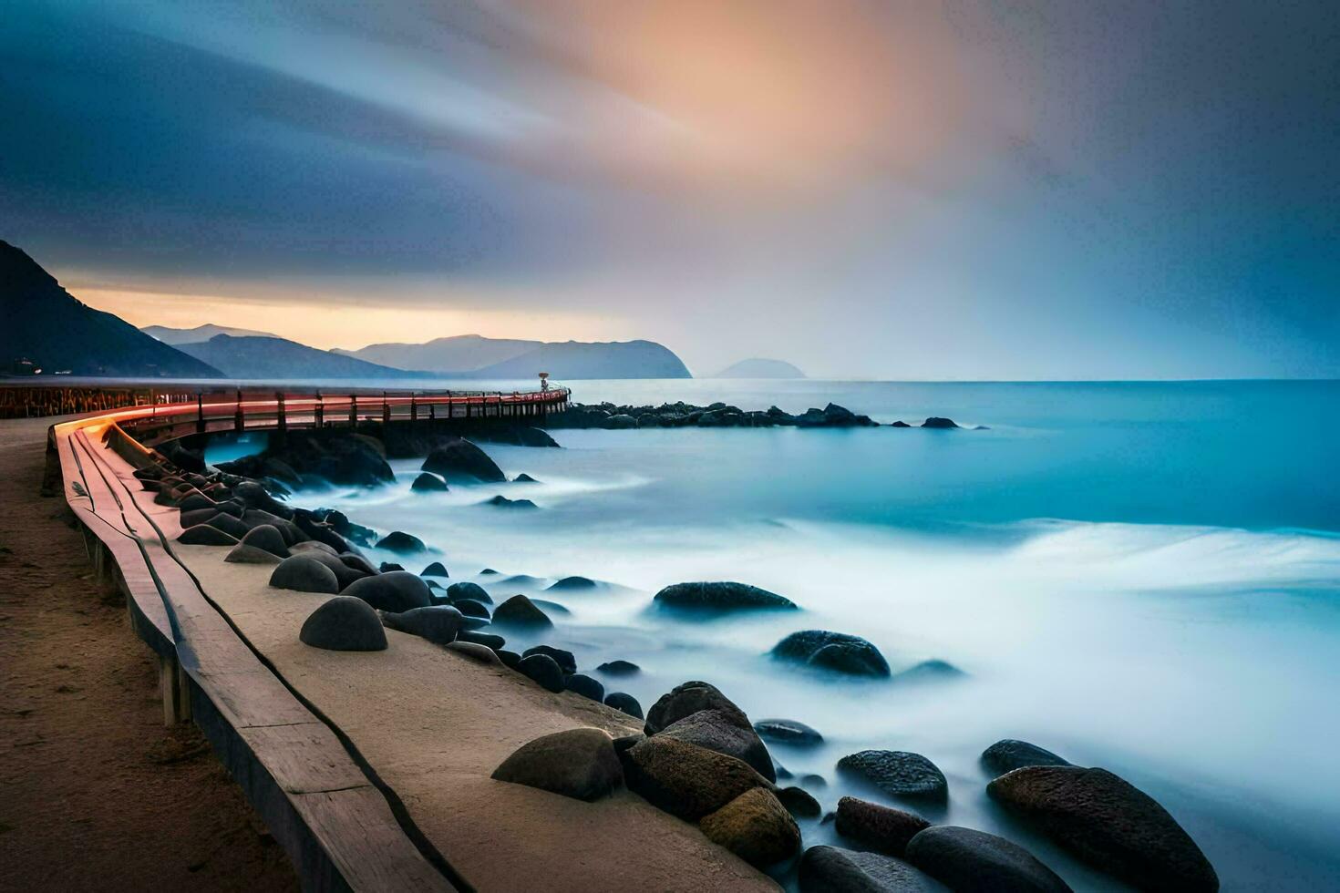 ein lange Exposition Foto von ein Seebrücke und Felsen. KI-generiert