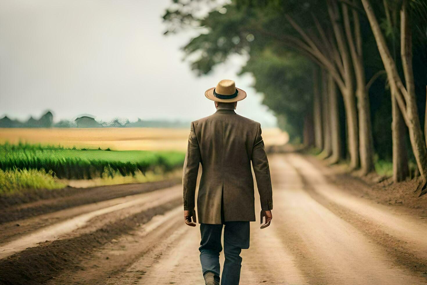 ein Mann im ein Hut und passen Gehen Nieder ein Schmutz Straße. KI-generiert foto