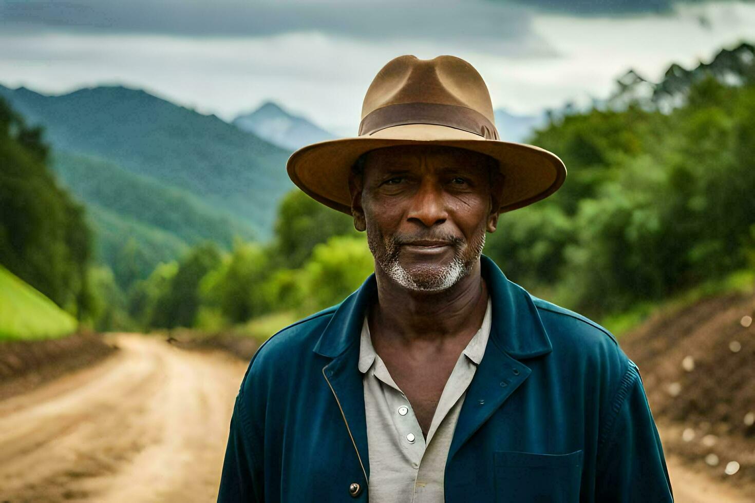 ein afrikanisch Mann im ein Hut Stehen auf ein Schmutz Straße. KI-generiert foto
