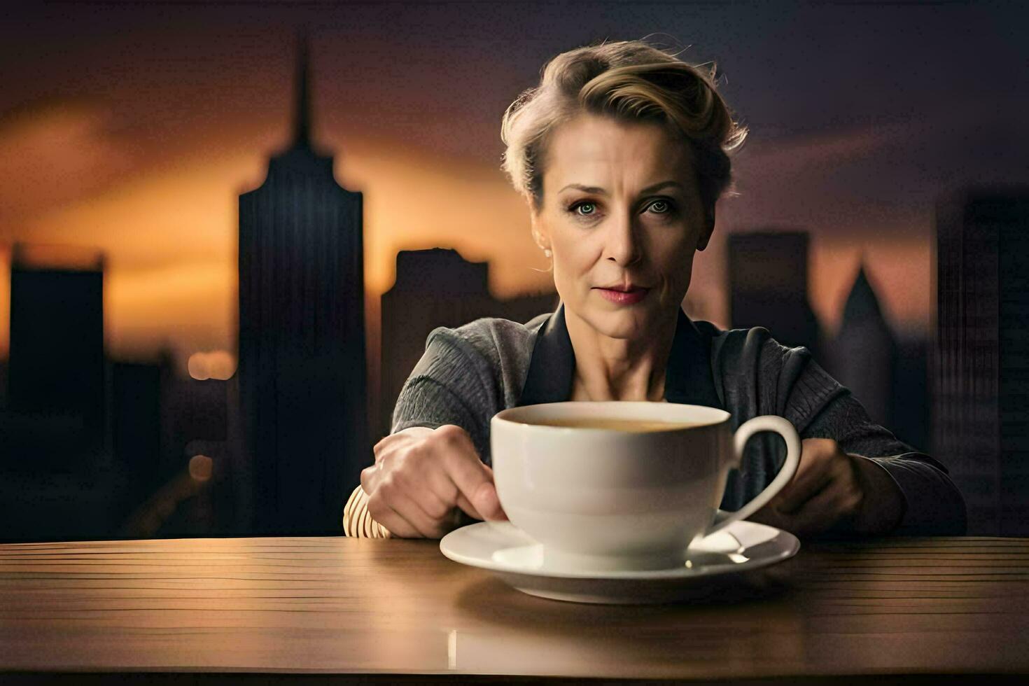 ein Frau halten ein Tasse von Kaffee im Vorderseite von ein Stadt Horizont. KI-generiert foto