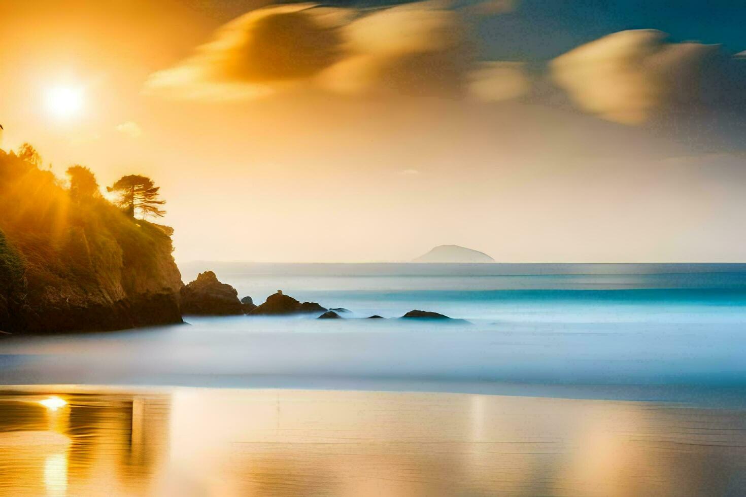 ein schön Sonnenuntergang Über das Ozean und Strand. KI-generiert foto