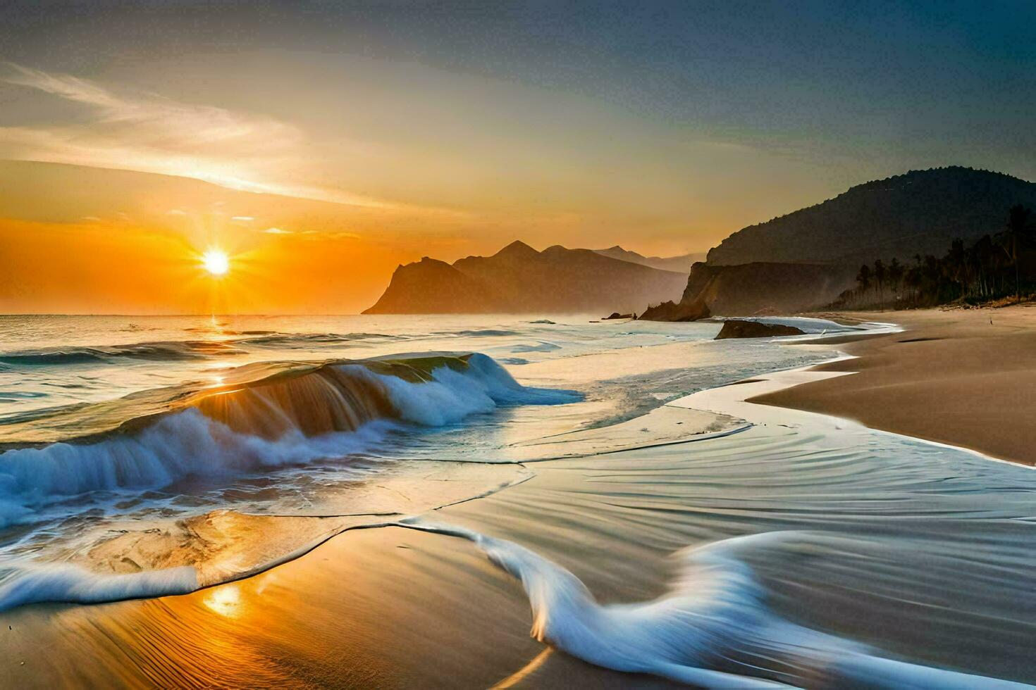das Sonne steigt an Über das Ozean Wellen auf das Strand. KI-generiert foto