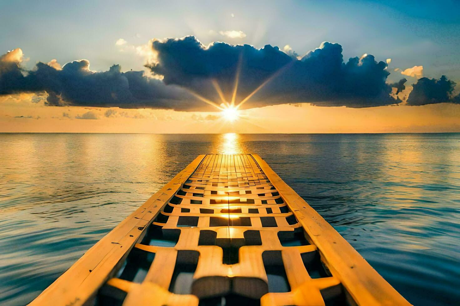ein hölzern Seebrücke im das Ozean mit das Sonne Einstellung. KI-generiert foto