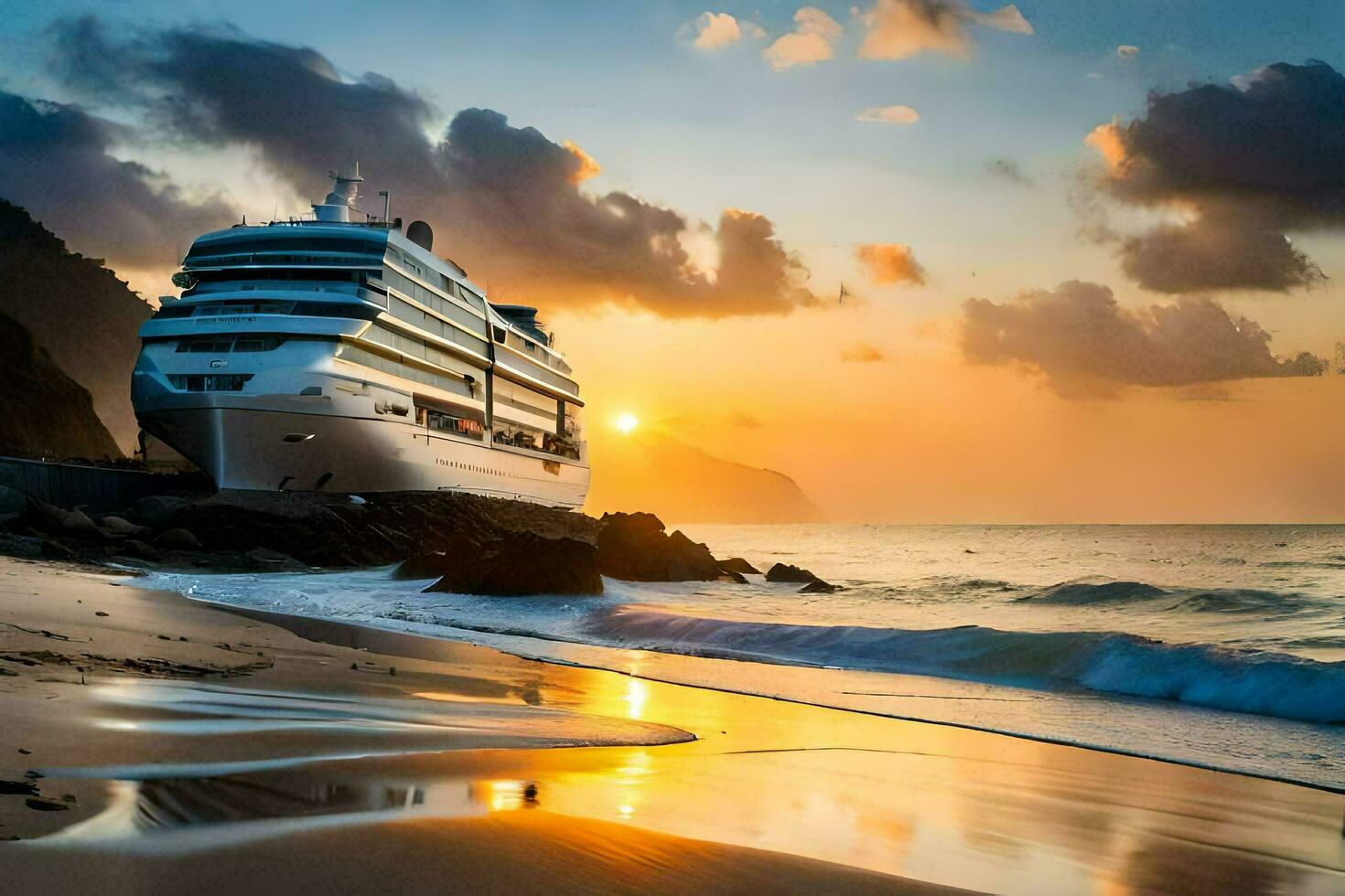 ein Kreuzfahrt Schiff auf das Strand beim Sonnenuntergang. KI-generiert foto