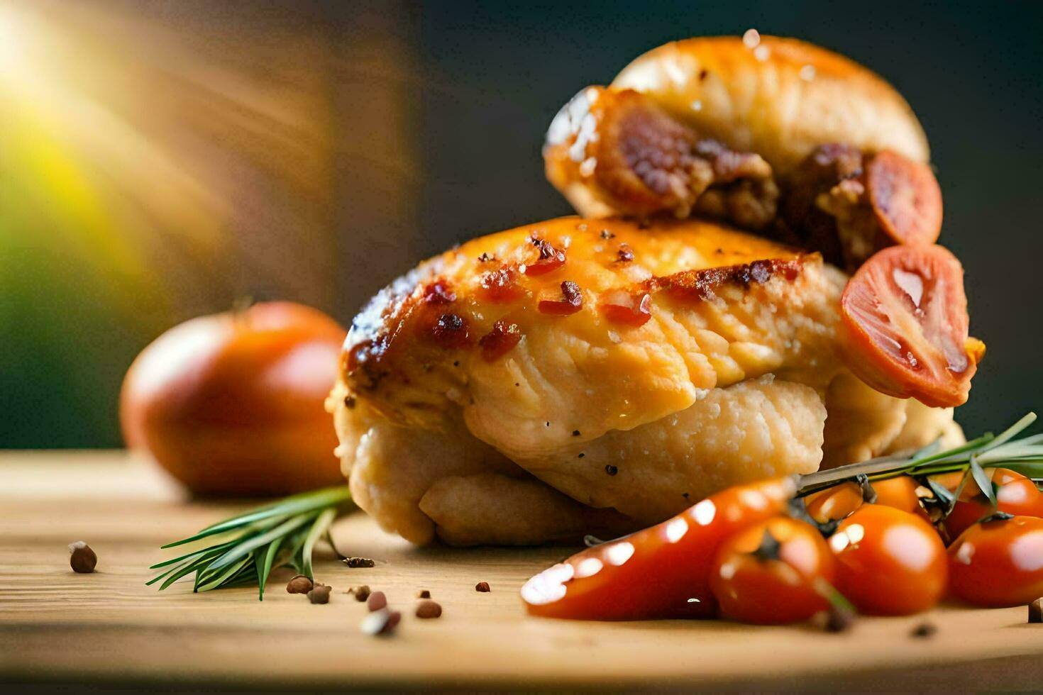 ein Hähnchen mit Tomaten und Kräuter auf ein hölzern Schneiden Tafel. KI-generiert foto