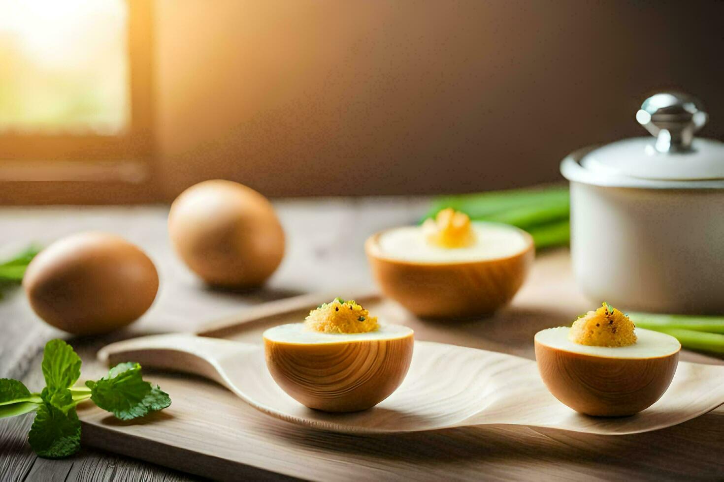 schwer gekocht Eier auf ein hölzern Schneiden Tafel. KI-generiert foto