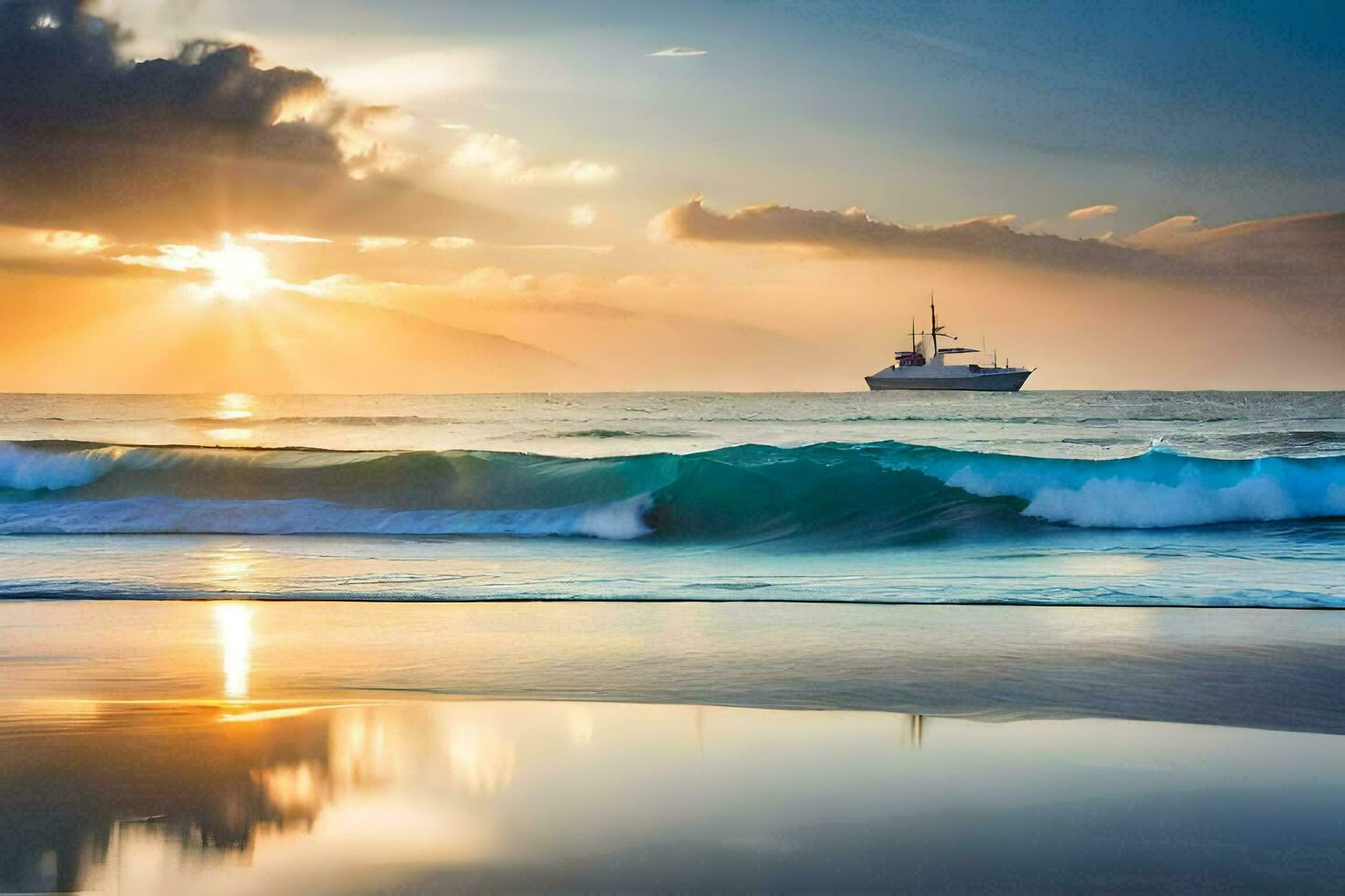 das Boot ist Segeln auf das Ozean beim Sonnenuntergang. KI-generiert foto