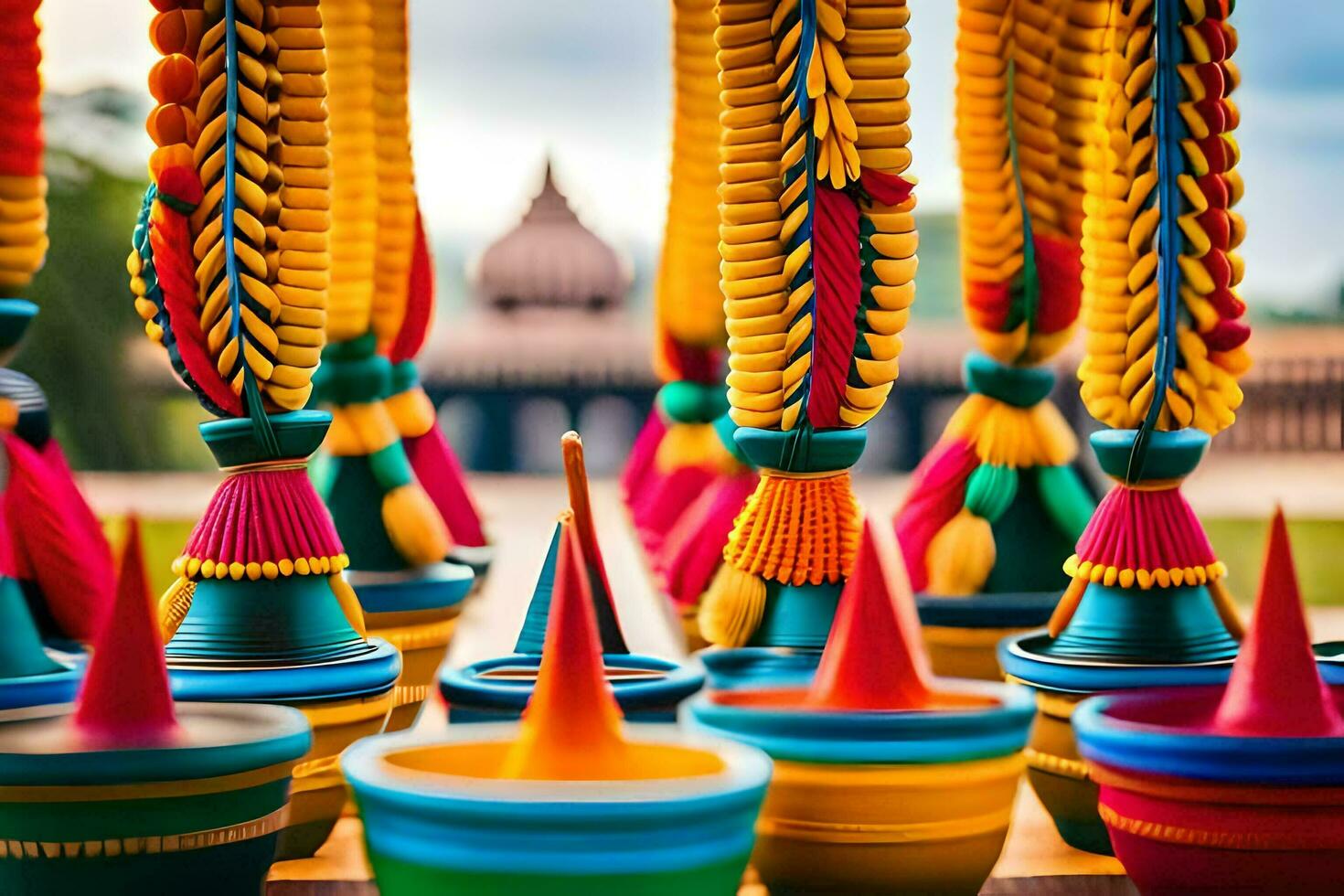 bunt Töpfe hängend von ein Zeichenfolge im Vorderseite von ein Tempel. KI-generiert foto