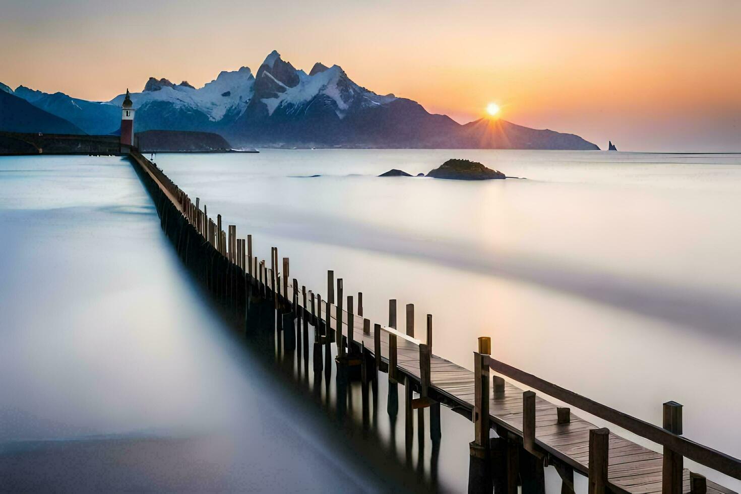 ein lange Exposition fotografieren von ein Seebrücke im das Ozean mit Berge im das Hintergrund. KI-generiert foto