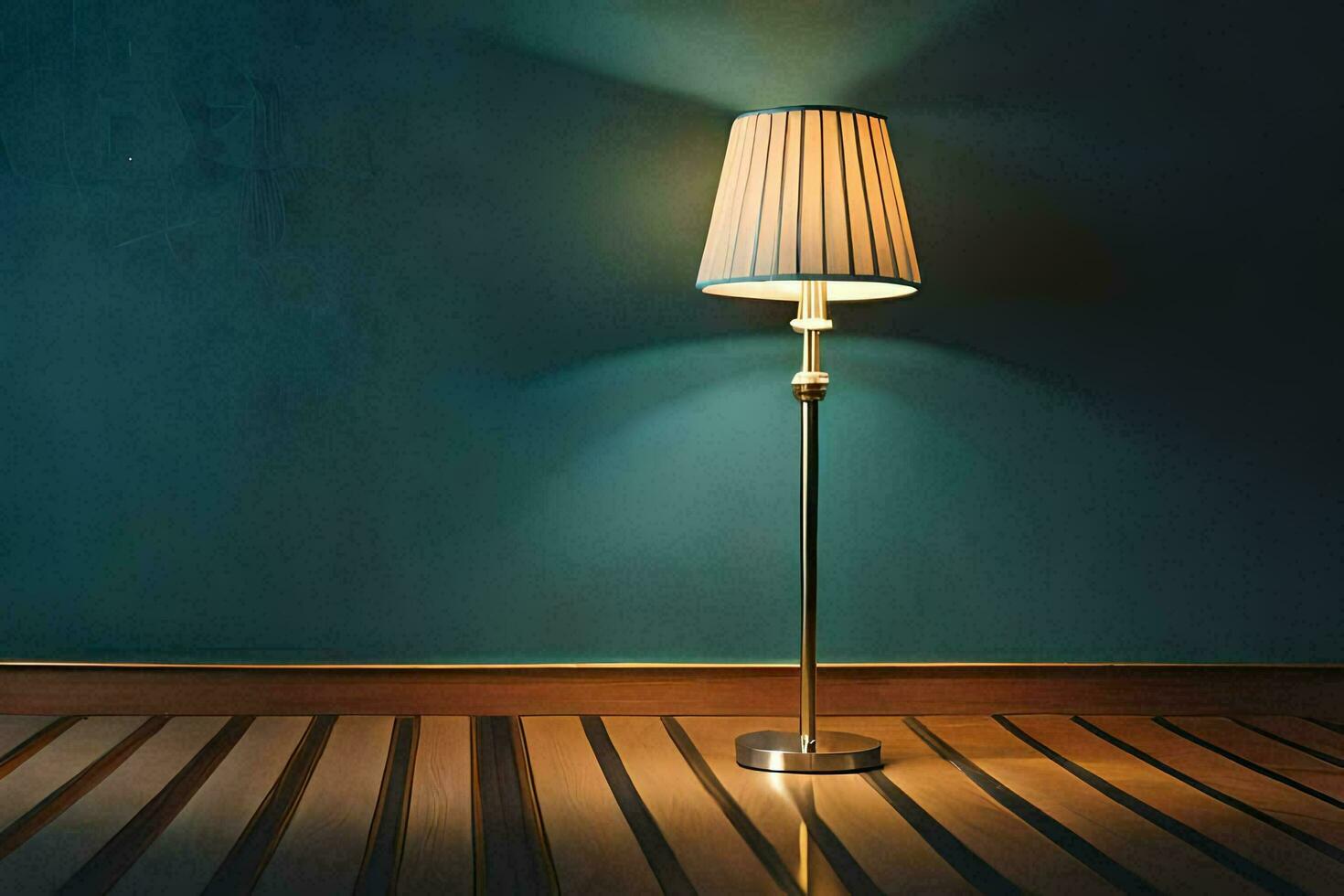 ein Lampe auf ein hölzern Fußboden im ein dunkel Zimmer. KI-generiert foto