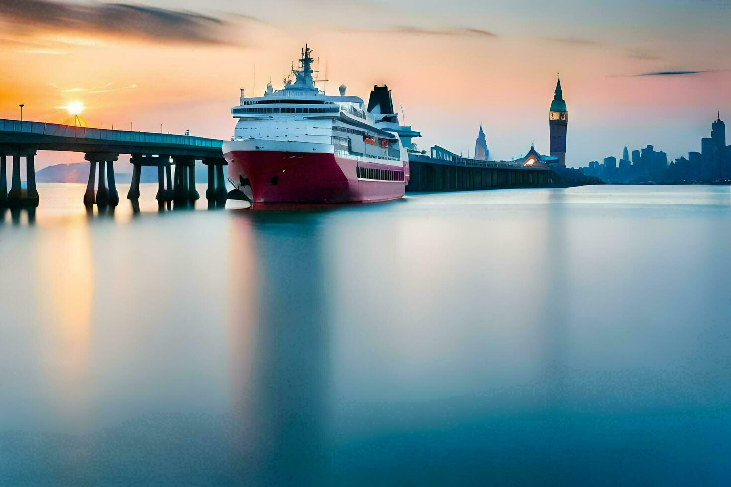 ein Kreuzfahrt Schiff im das Wasser beim Sonnenuntergang. KI-generiert foto