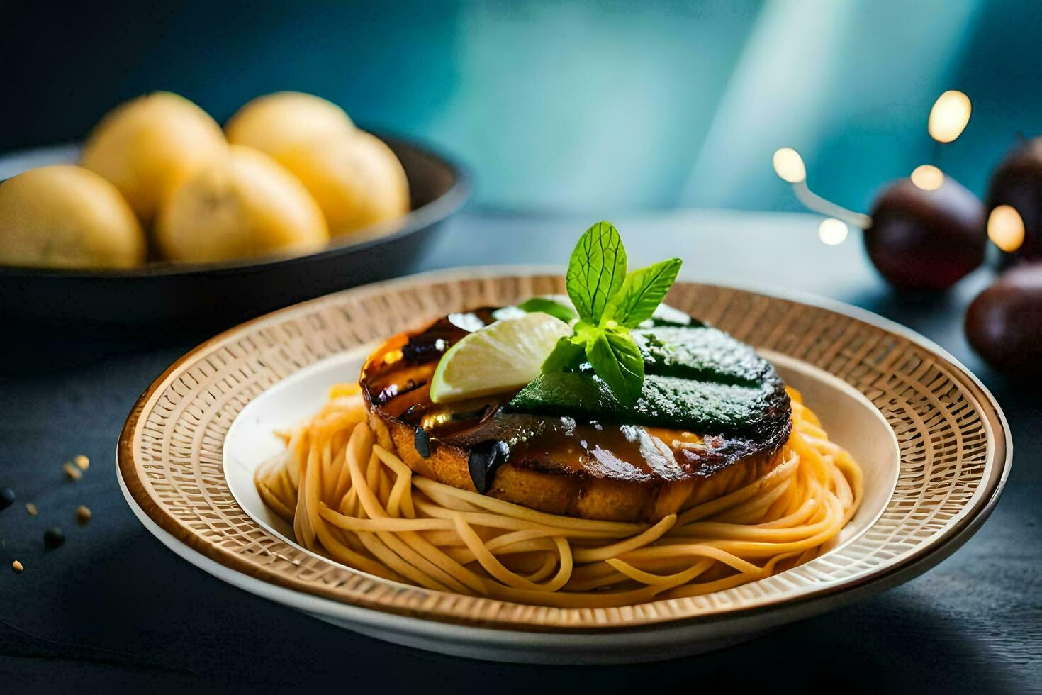 ein Teller mit Spaghetti und ein gegrillt Aubergine. KI-generiert foto