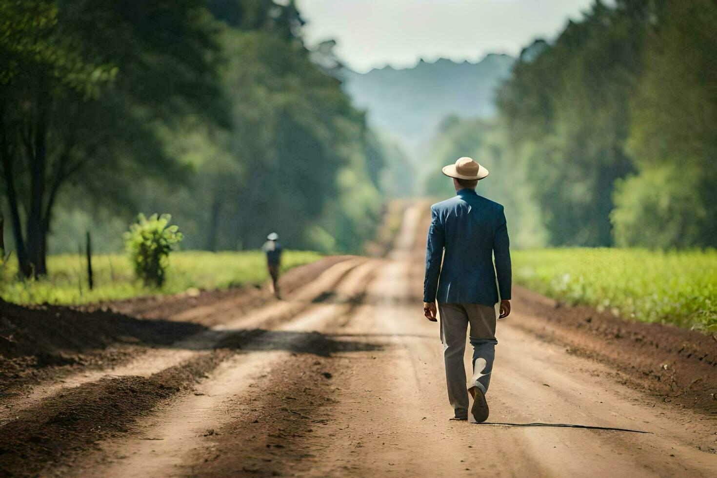 ein Mann im ein passen und Hut Gehen Nieder ein Schmutz Straße. KI-generiert foto