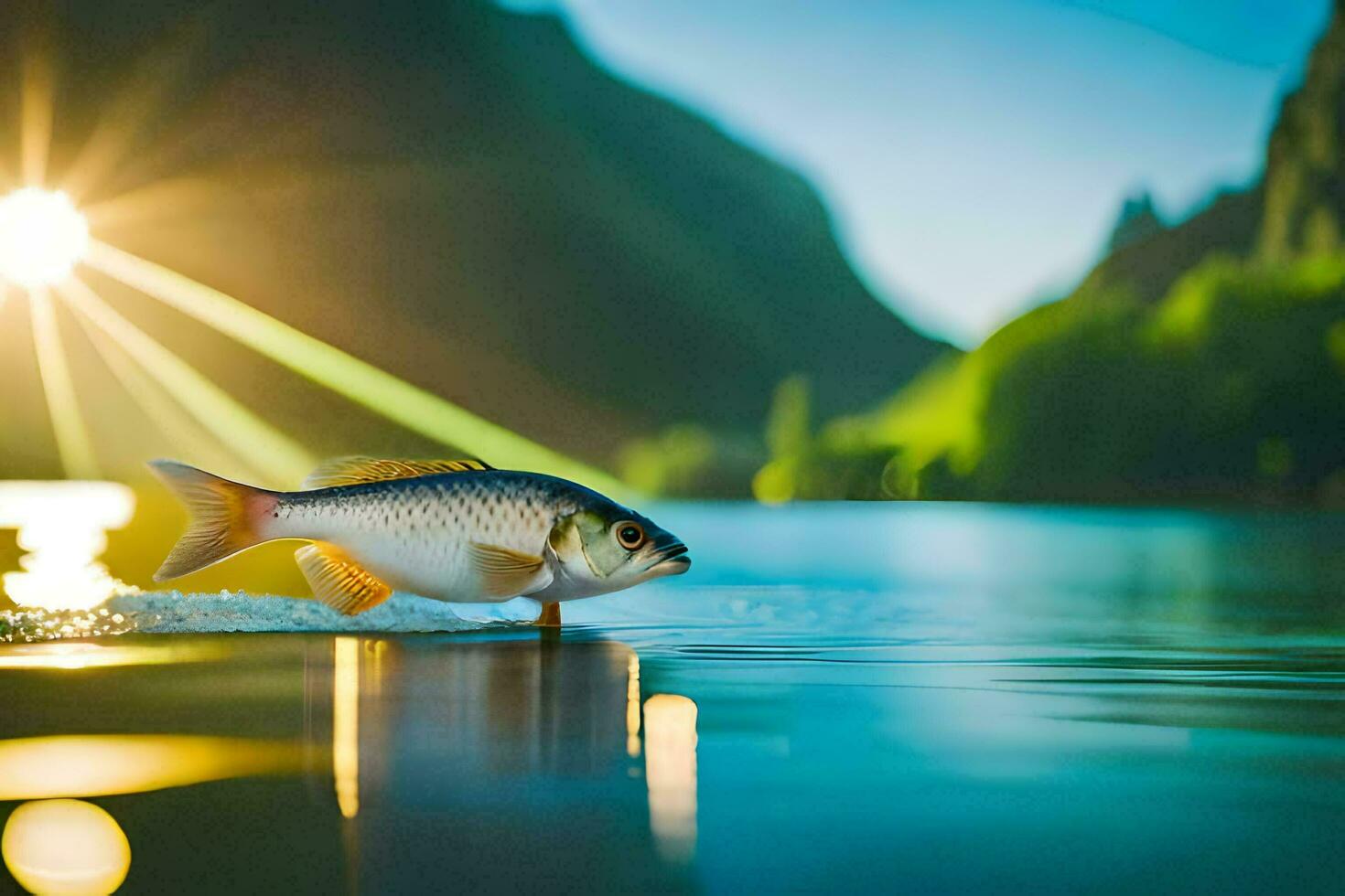 ein Fisch ist Stehen auf das Wasser mit das Sonne leuchtenden. KI-generiert foto