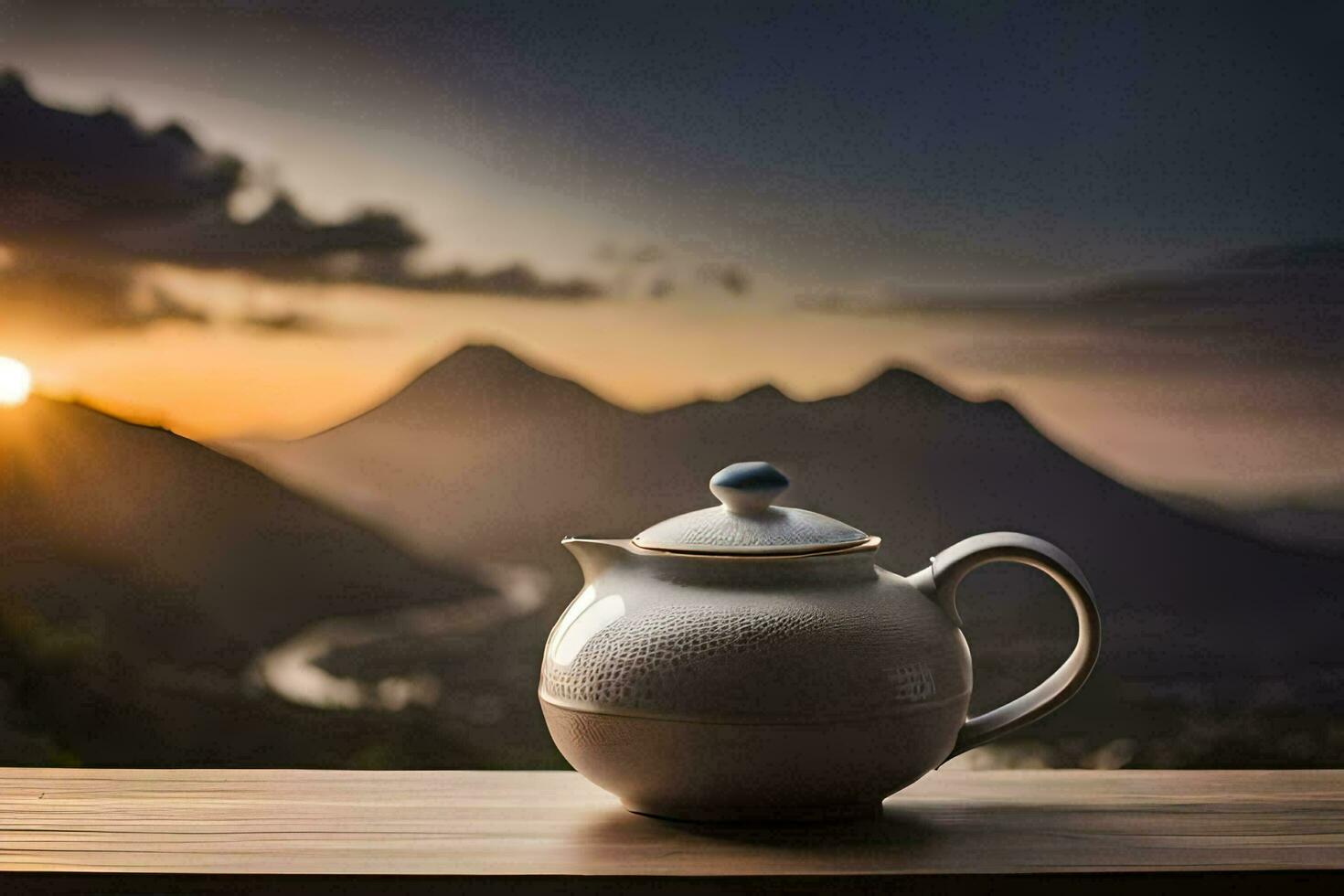 Tee Topf auf das Tisch, Berge, Sonnenuntergang, hd Hintergrund. KI-generiert foto