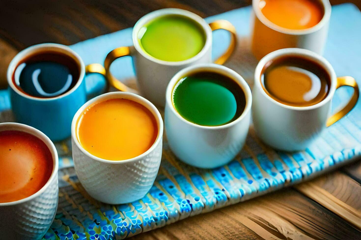 ein Gruppe von Tassen mit anders farbig Flüssigkeiten. KI-generiert foto