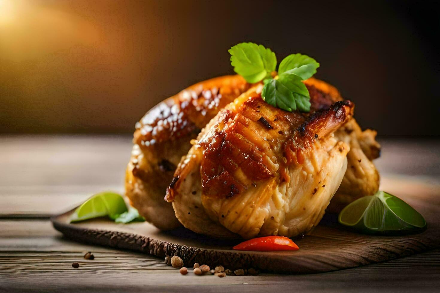 Hähnchen auf ein hölzern Schneiden Tafel mit Limette und Kräuter. KI-generiert foto